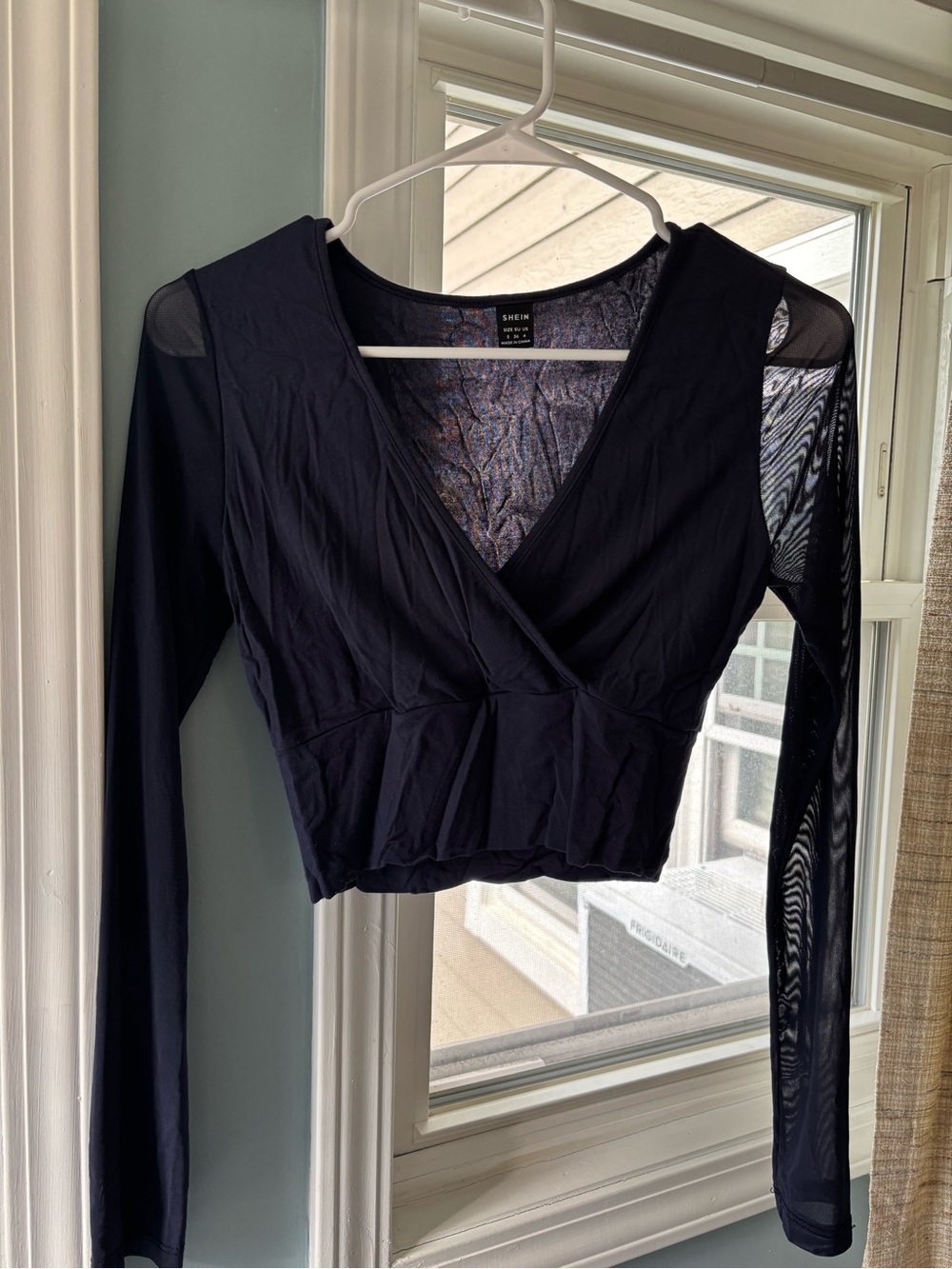 Navy Long-Sleeve Mesh Surplice Crop Top